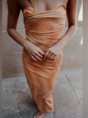 Zara Orange Strapless Mesh Tulle Maxi  Dress